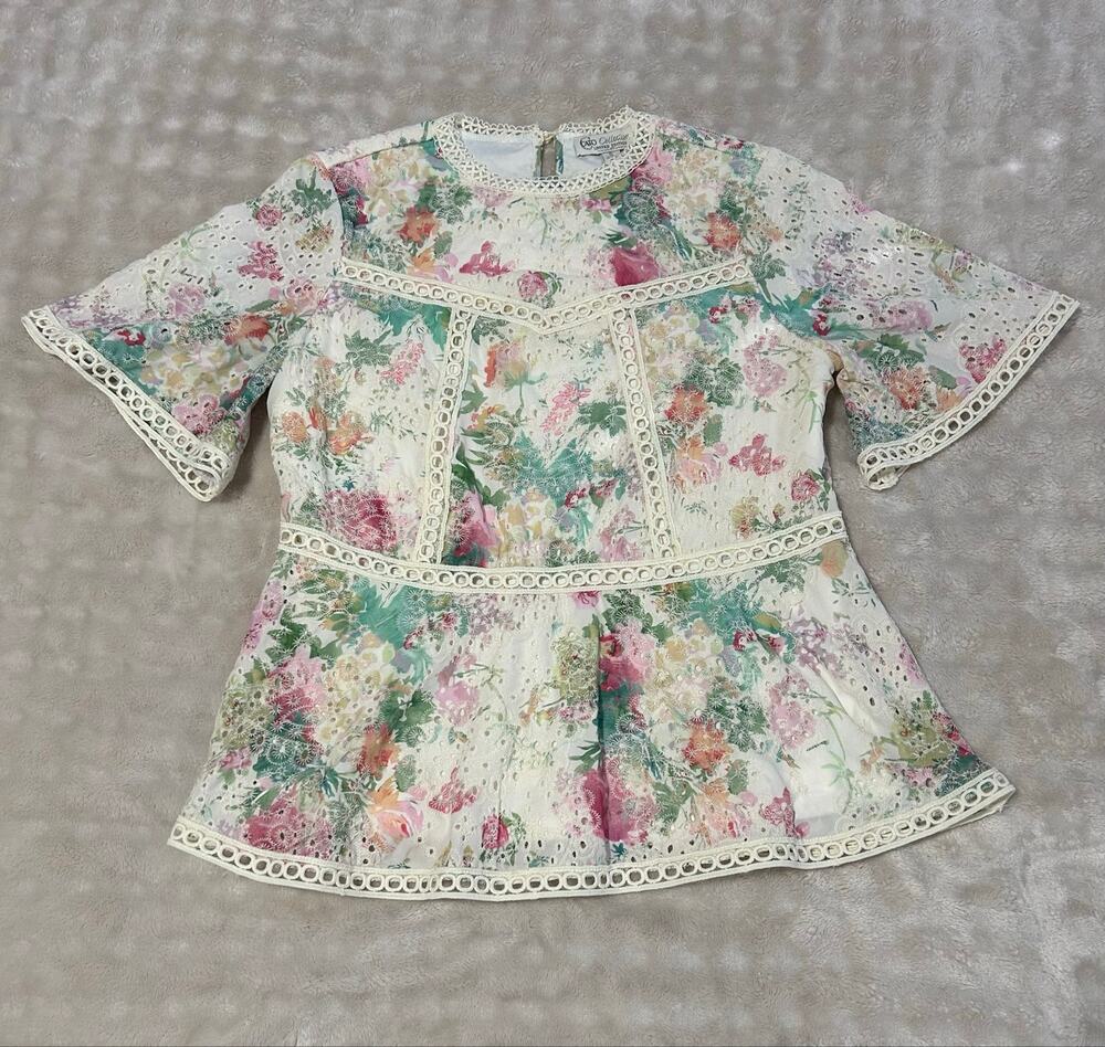 Cato Collection limited edition Floral Blouse lace trim eyelet details size S